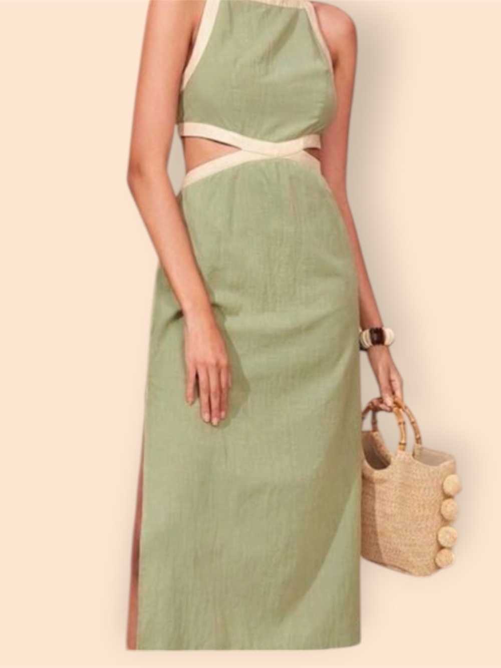 Sage Green Halter Cotton Maxi Dress with Cream Trim NWOT